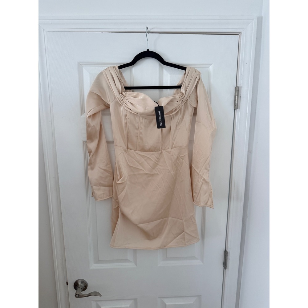 PrettyLittleThing Champagne Satin Pleat Bardot Mini Dress CNC6160 US 4 NEW Beige